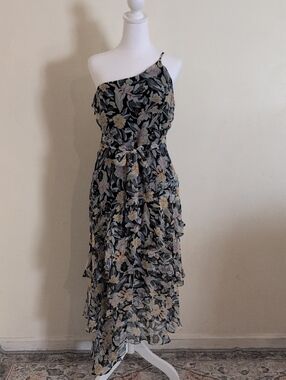 Petal & Pup Black Floral One-Shoulder Ruffle Maxi Dress